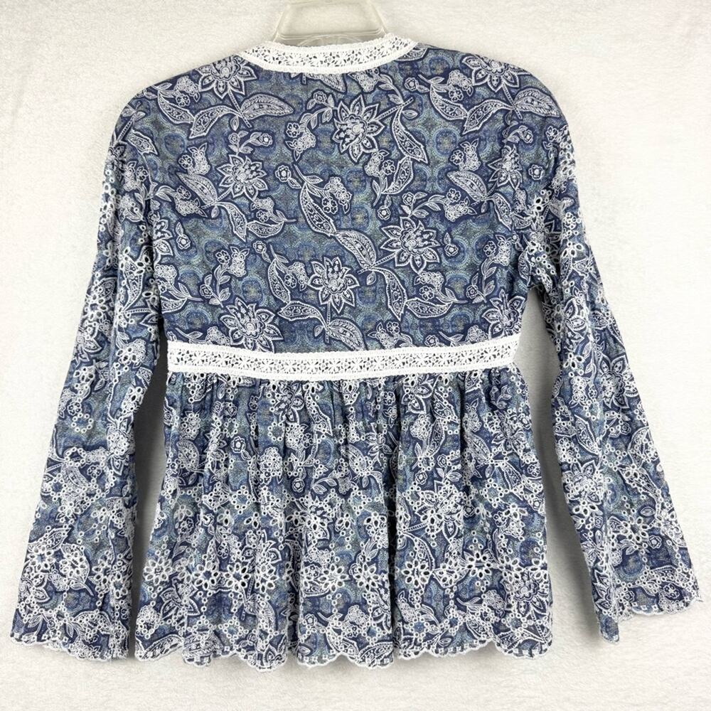 Free People Anissa Bed Jacket Eyelet Lace Tie Front Blue Combo Size S Beach Boho - Picture 13 of 15